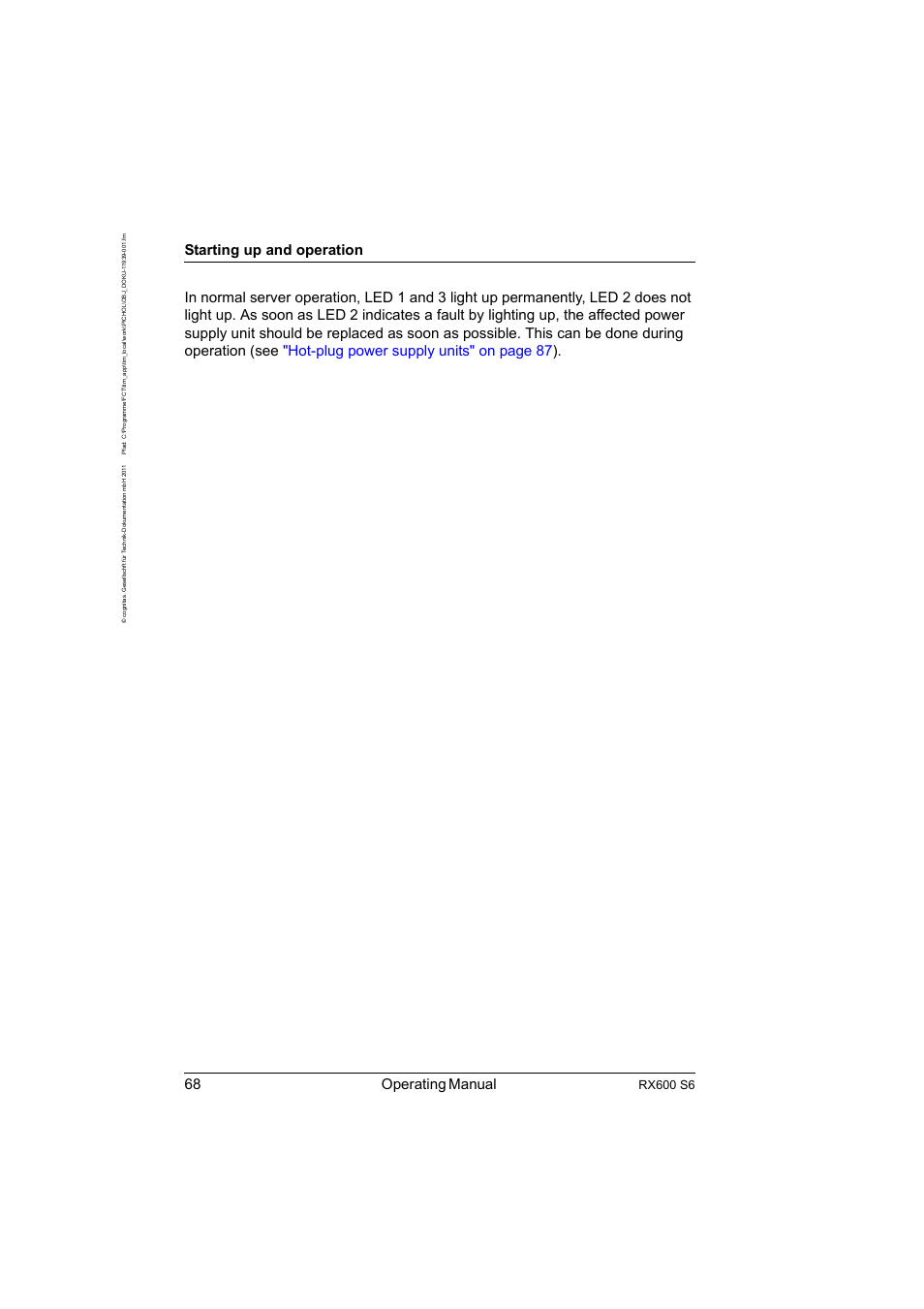 68 operating manual, Starting up and operation, Rx600 s6 | FUJITSU PRIMERGY RX600 S6 User Manual | Page 68 / 134