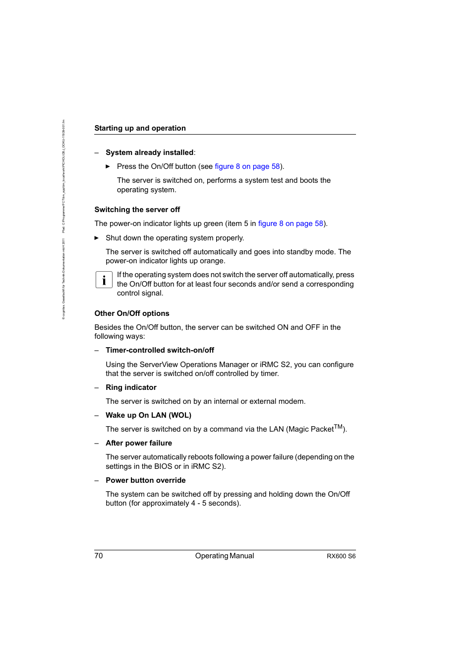 70 operating manual, Starting up and operation, Rx600 s6 | FUJITSU PRIMERGY RX600 S6 User Manual | Page 70 / 134