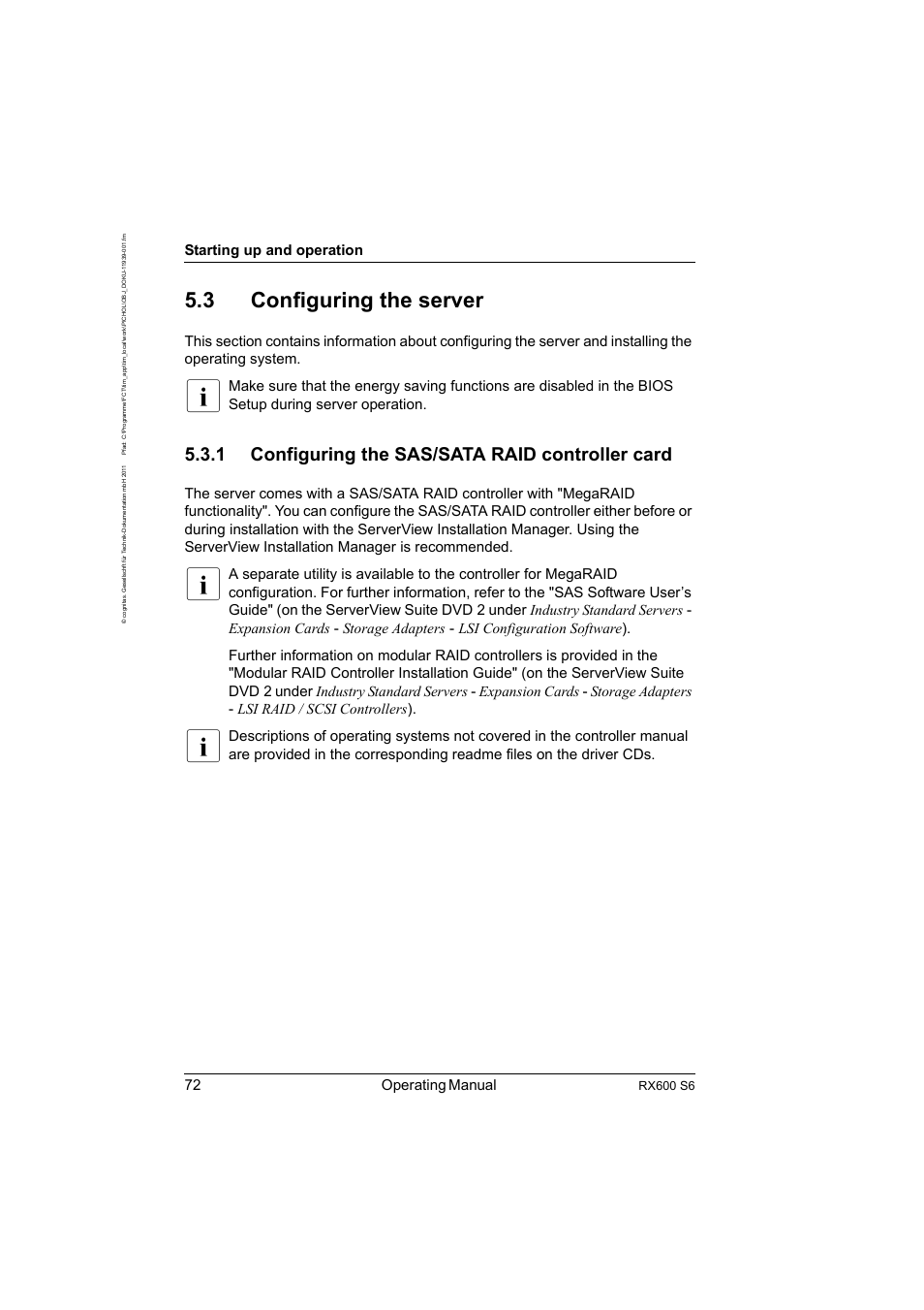 3 configuring the server, 1 configuring the sas/sata raid controller card, Configuring the server | Configuring the sas/sata raid controller card, 72 operating manual, Starting up and operation, Rx600 s6 | FUJITSU PRIMERGY RX600 S6 User Manual | Page 72 / 134