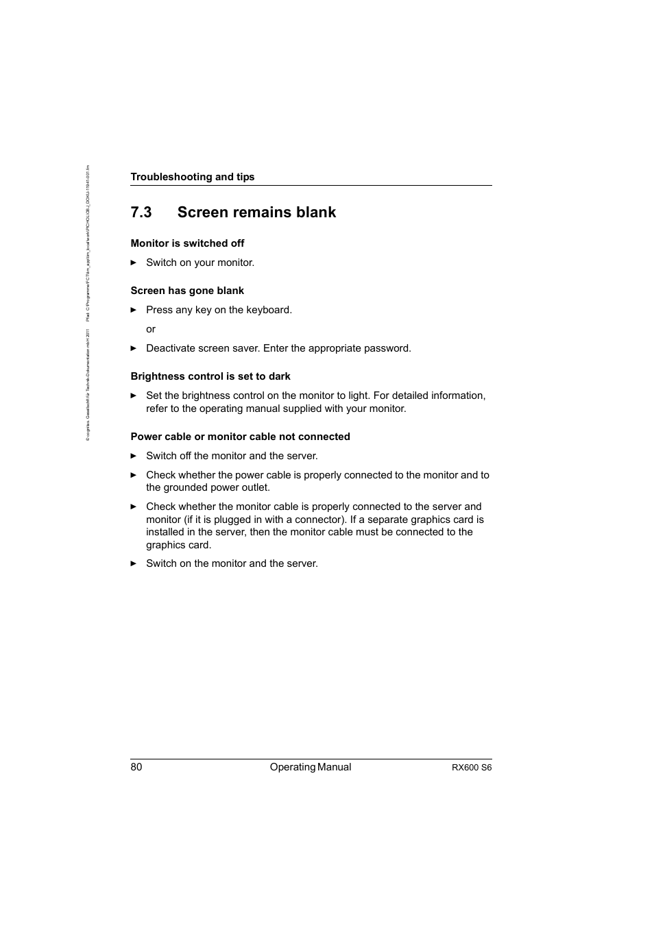 3 screen remains blank, Screen remains blank, 80 operating manual | Troubleshooting and tips, Rx600 s6 | FUJITSU PRIMERGY RX600 S6 User Manual | Page 80 / 134