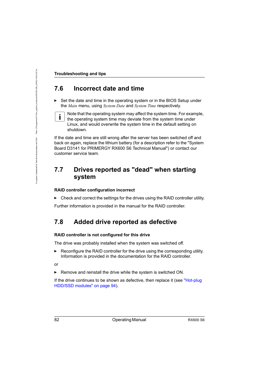 6 incorrect date and time, 7 drives reported as "dead" when starting system, 8 added drive reported as defective | Incorrect date and time, Drives reported as "dead" when starting system, Added drive reported as defective, 82 operating manual, Troubleshooting and tips | FUJITSU PRIMERGY RX600 S6 User Manual | Page 82 / 134