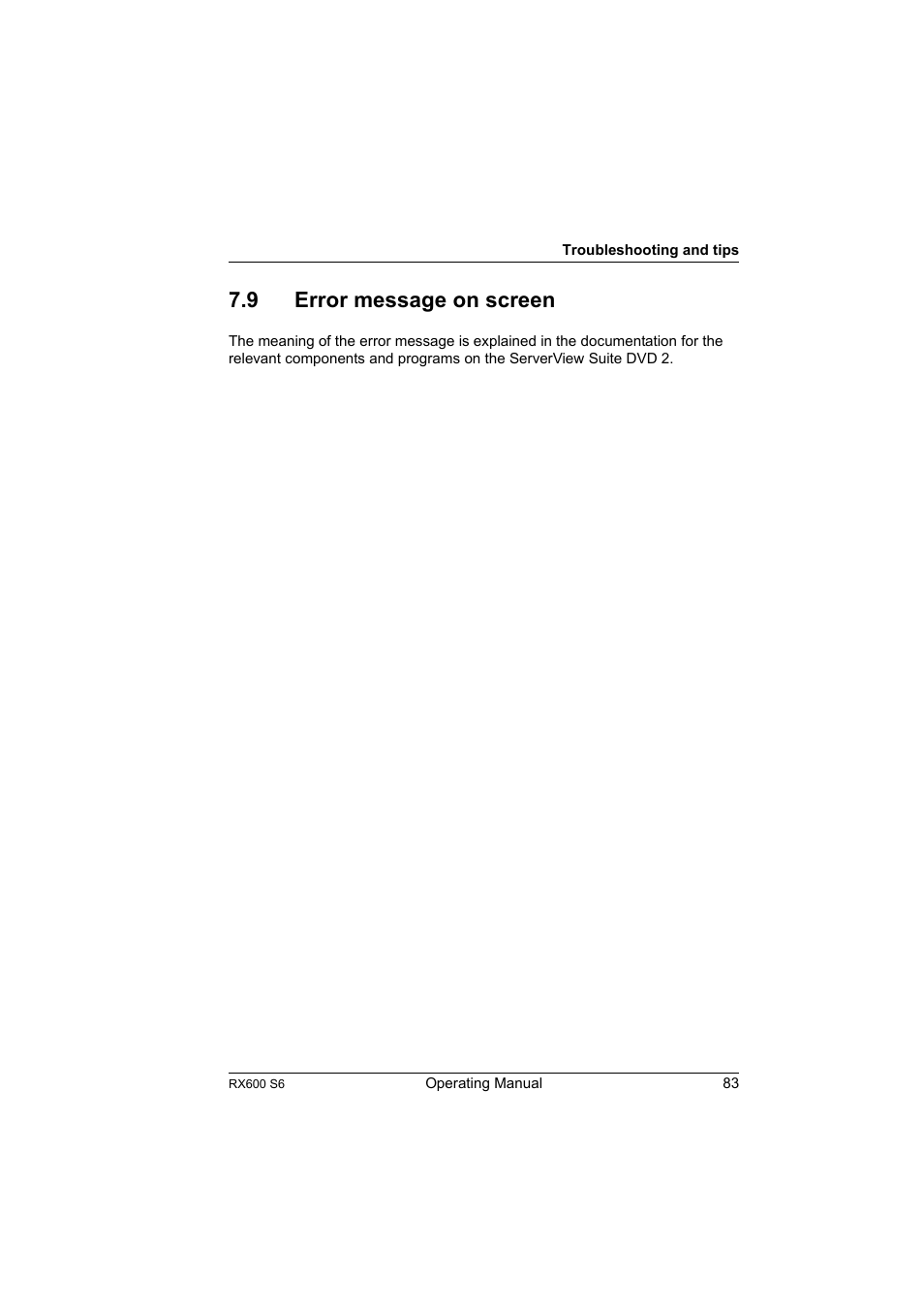 9 error message on screen, Error message on screen | FUJITSU PRIMERGY RX600 S6 User Manual | Page 83 / 134