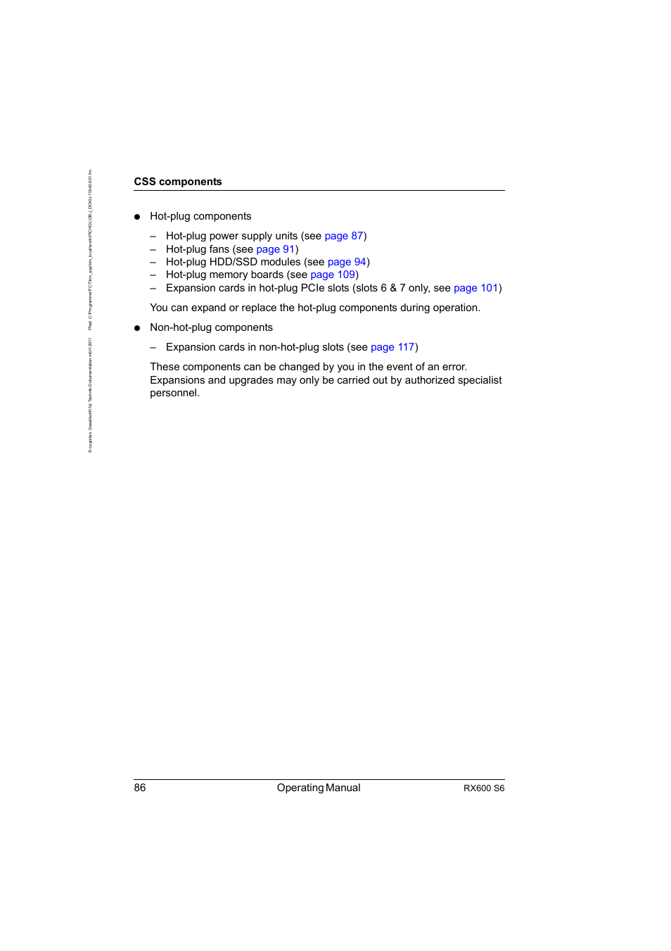 86 operating manual, Css components, Rx600 s6 | FUJITSU PRIMERGY RX600 S6 User Manual | Page 86 / 134