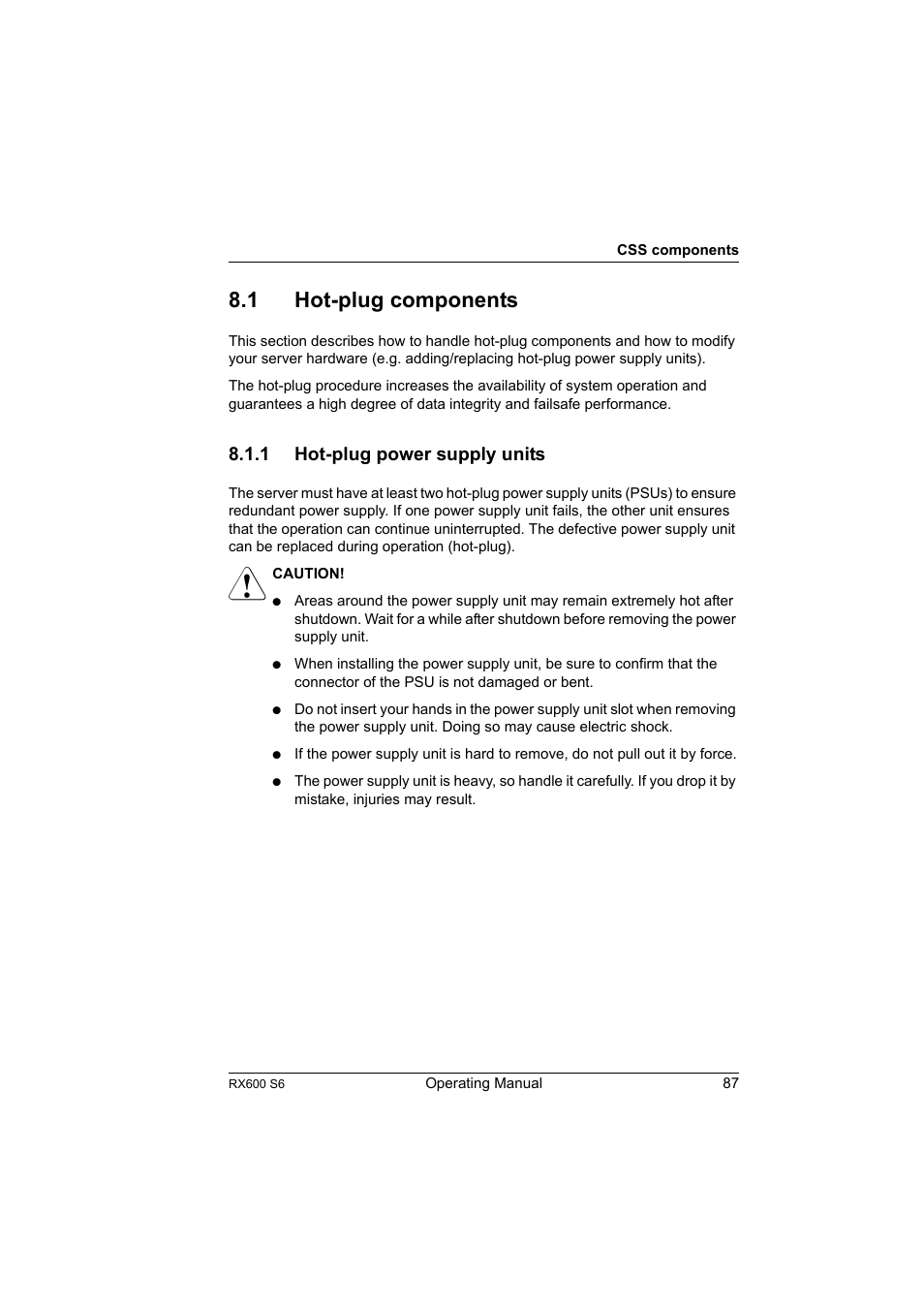 1 hot-plug components, 1 hot-plug power supply units, Hot-plug components | Hot-plug power supply units | FUJITSU PRIMERGY RX600 S6 User Manual | Page 87 / 134