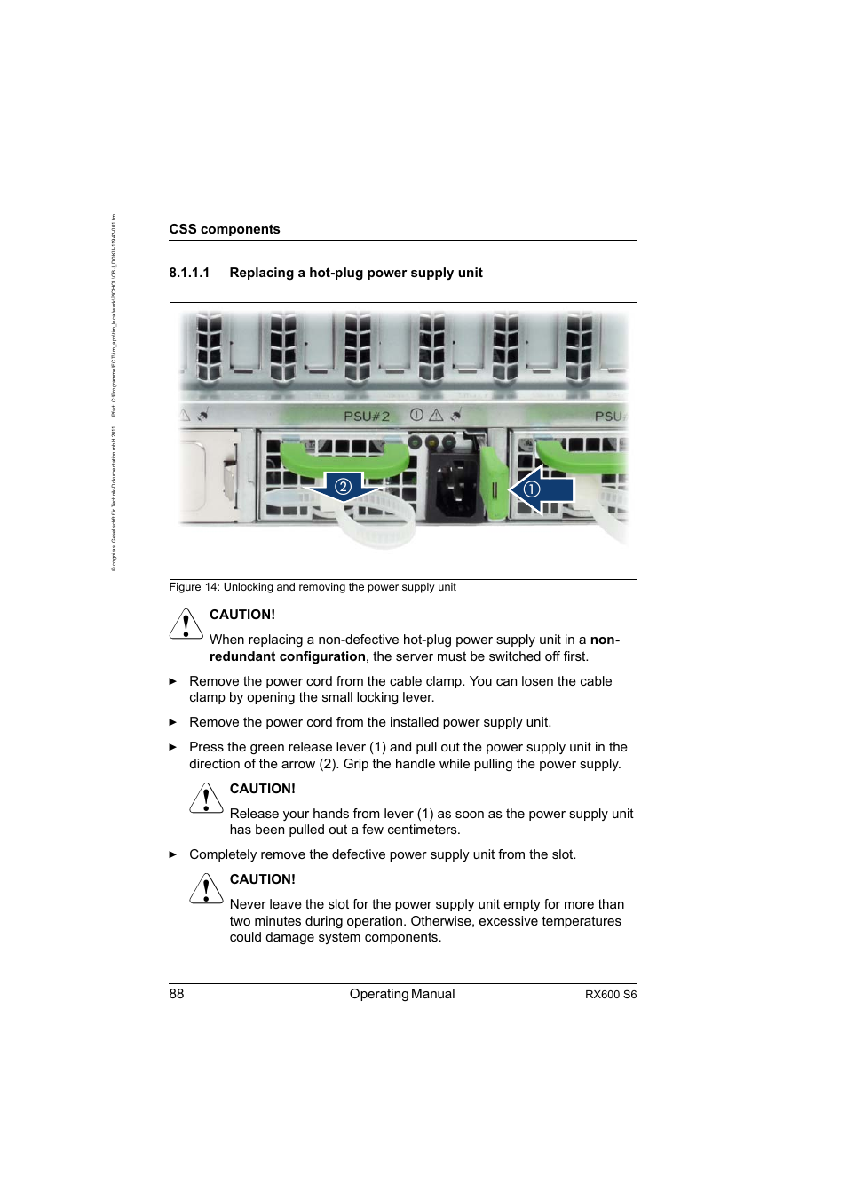 1 replacing a hot-plug power supply unit, Replacing a hot-plug power supply unit, 88 operating manual | Css components, Rx600 s6 | FUJITSU PRIMERGY RX600 S6 User Manual | Page 88 / 134