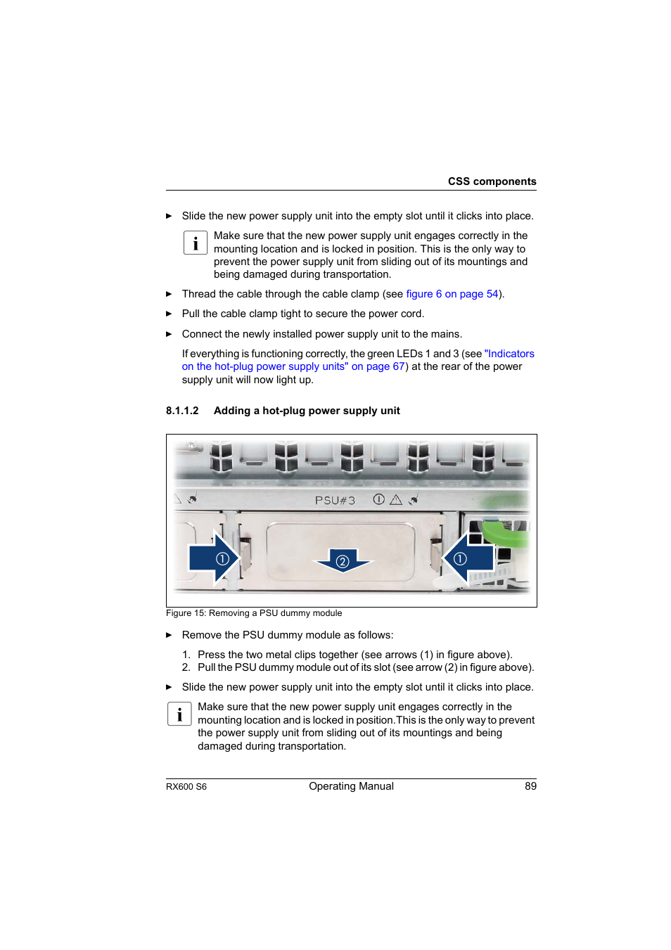 2 adding a hot-plug power supply unit, Adding a hot-plug power supply unit | FUJITSU PRIMERGY RX600 S6 User Manual | Page 89 / 134