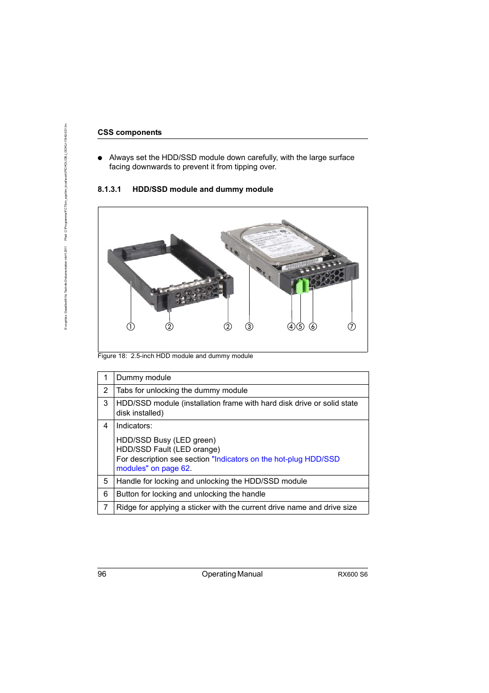 1 hdd/ssd module and dummy module, Hdd/ssd module and dummy module, 96 operating manual | Css components, Rx600 s6, Figure 18: 2.5-inch hdd module and dummy module | FUJITSU PRIMERGY RX600 S6 User Manual | Page 96 / 134