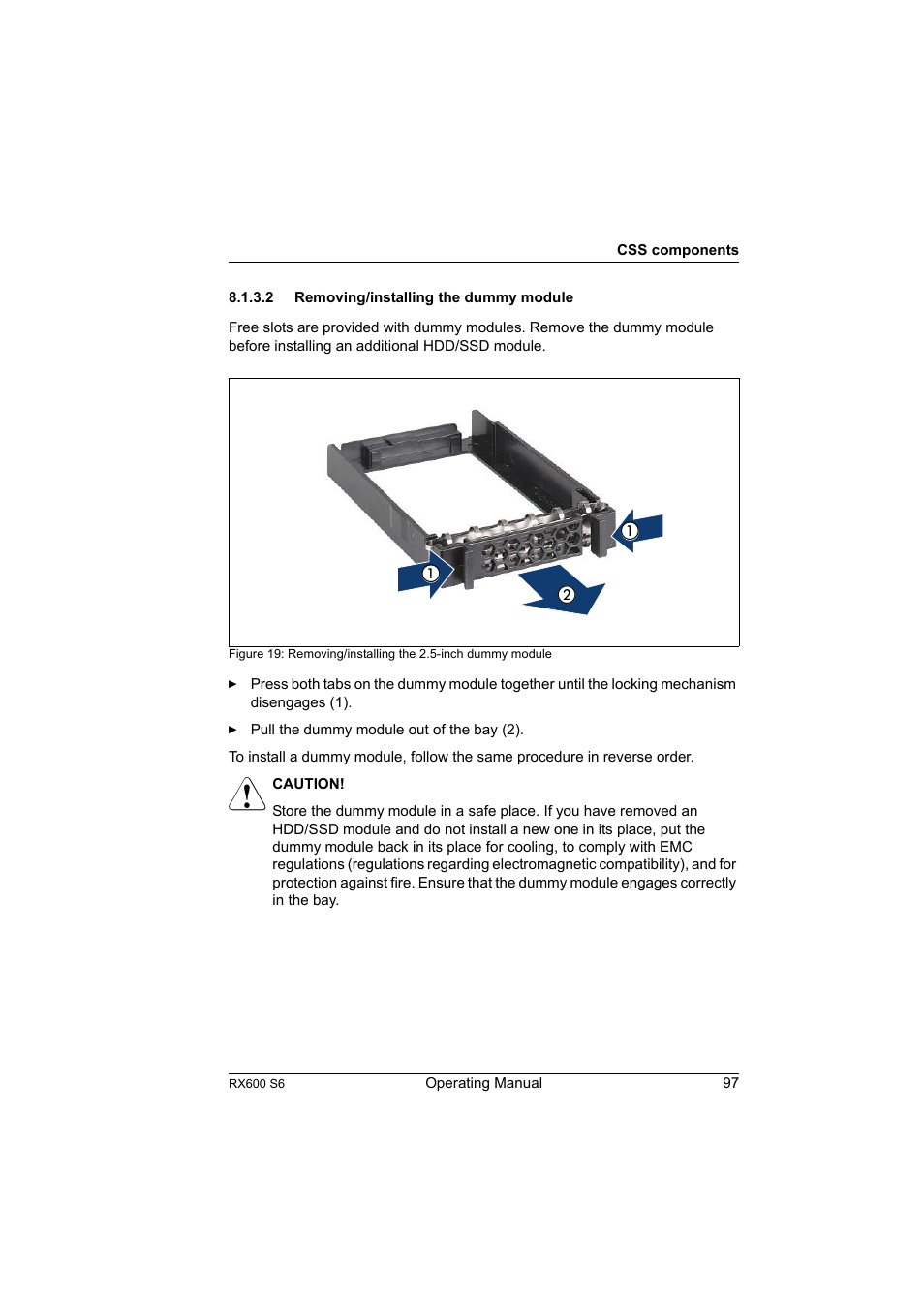 2 removing/installing the dummy module, Removing/installing the dummy module | FUJITSU PRIMERGY RX600 S6 User Manual | Page 97 / 134