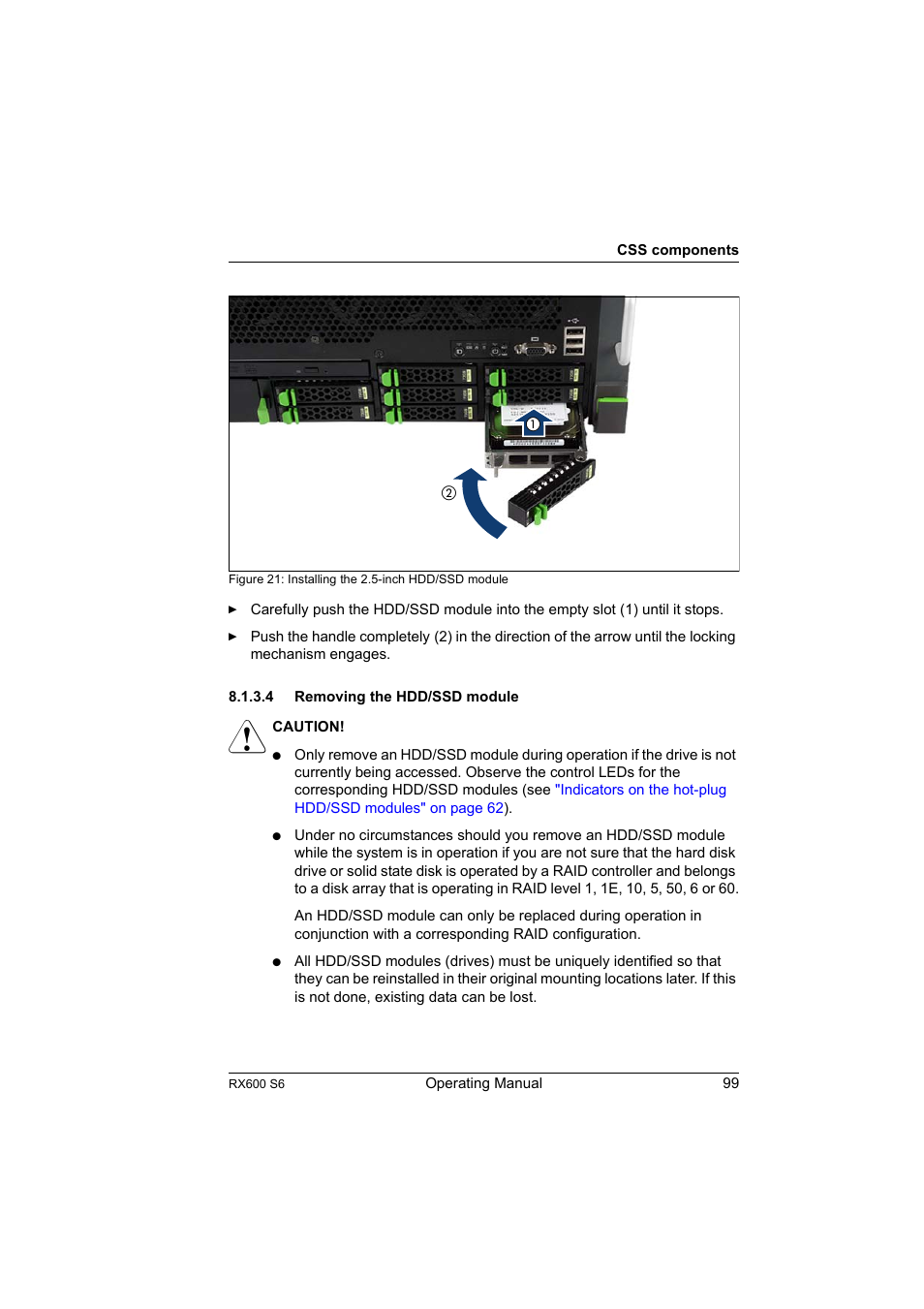 4 removing the hdd/ssd module, Removing the hdd/ssd module | FUJITSU PRIMERGY RX600 S6 User Manual | Page 99 / 134