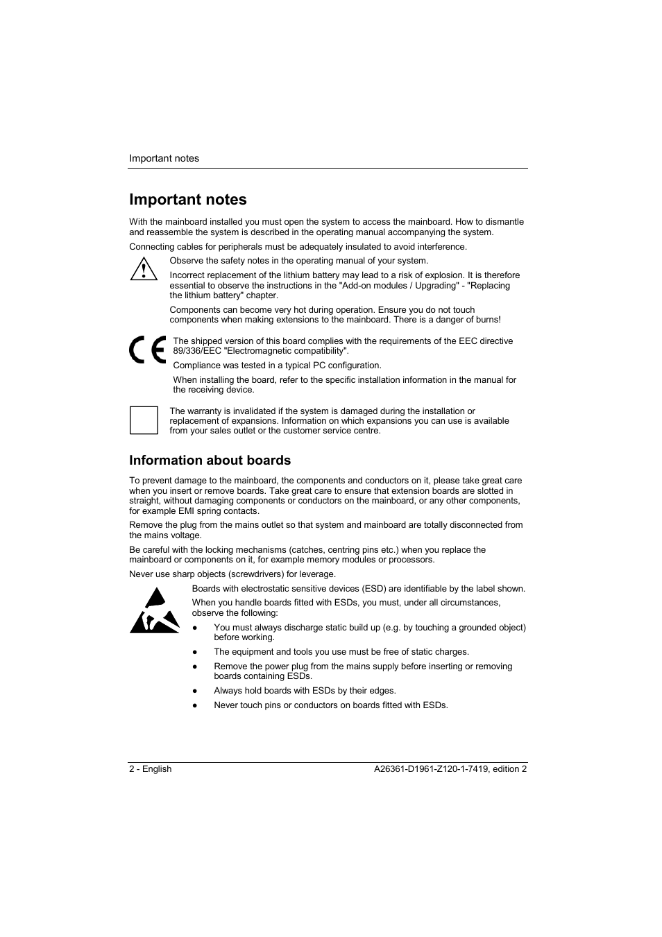 Important notes, Information about boards | FUJITSU D1961 User Manual | Page 12 / 45