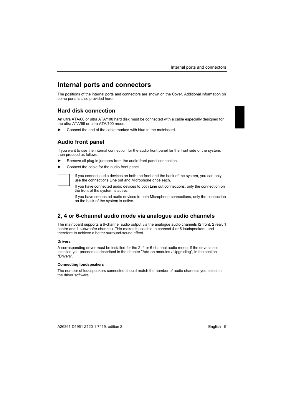 Internal ports and connectors, Hard disk connection, Audio front panel | FUJITSU D1961 User Manual | Page 19 / 45
