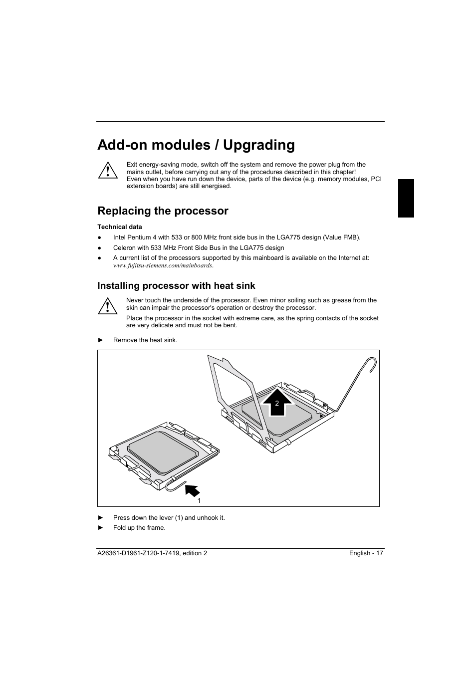 Add-on modules / upgrading, Replacing the processor, Installing processor with heat sink | Ee "replacing the processor, Ed "add-on modules / upgrading | FUJITSU D1961 User Manual | Page 27 / 45