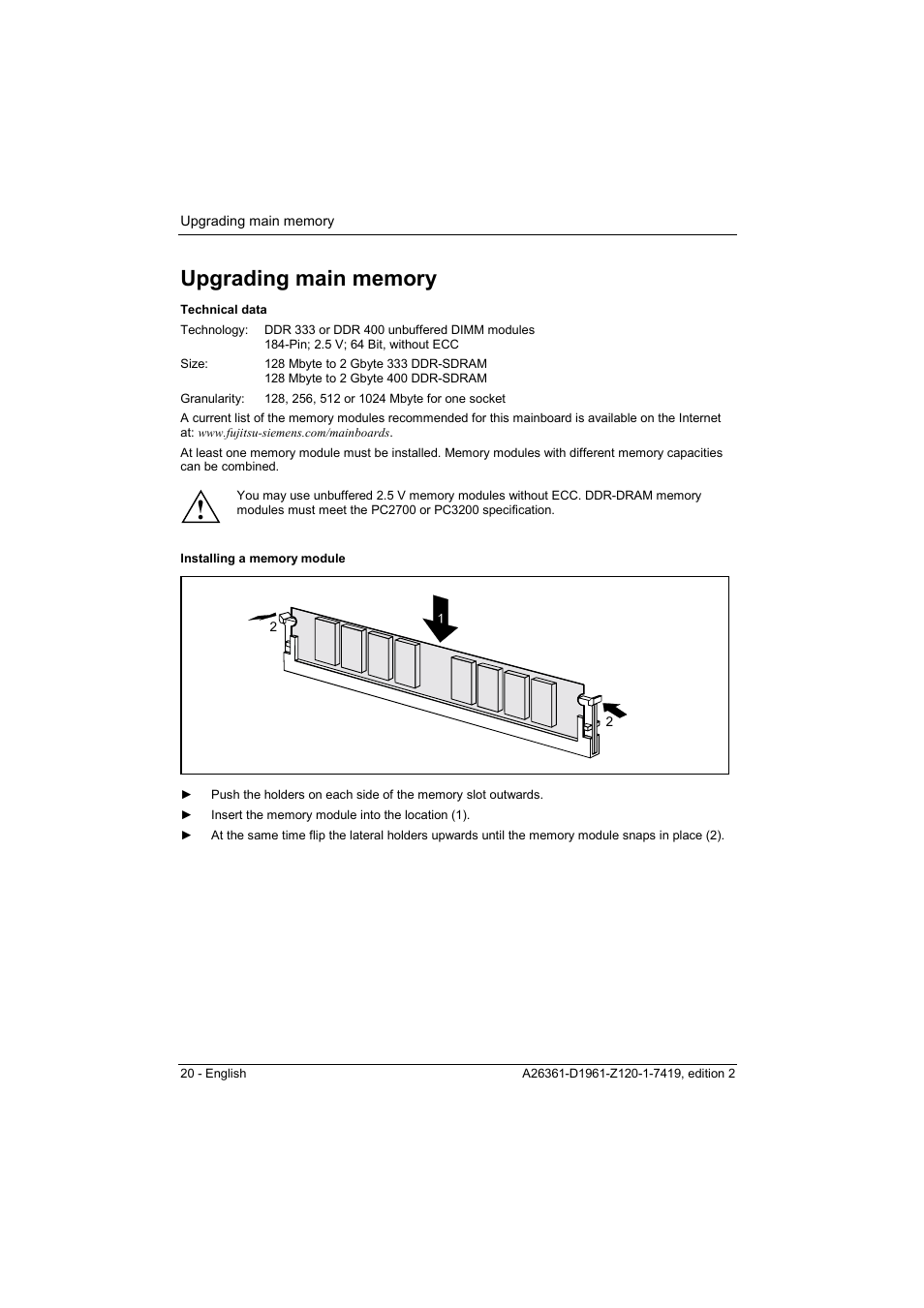 Upgrading main memory, Ee "upgrading main memory | FUJITSU D1961 User Manual | Page 30 / 45