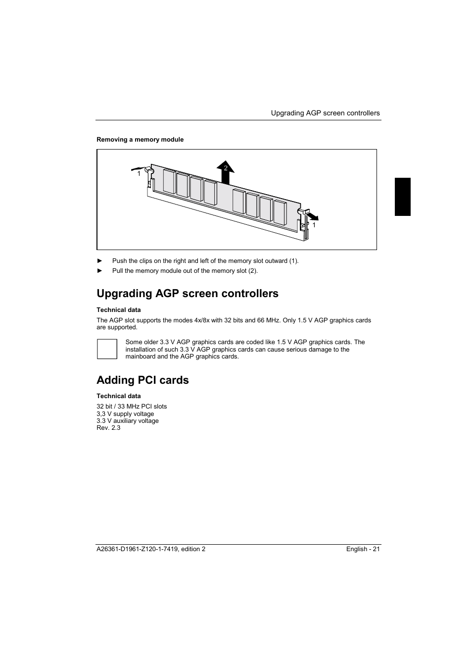 Upgrading agp screen controllers, Adding pci cards | FUJITSU D1961 User Manual | Page 31 / 45