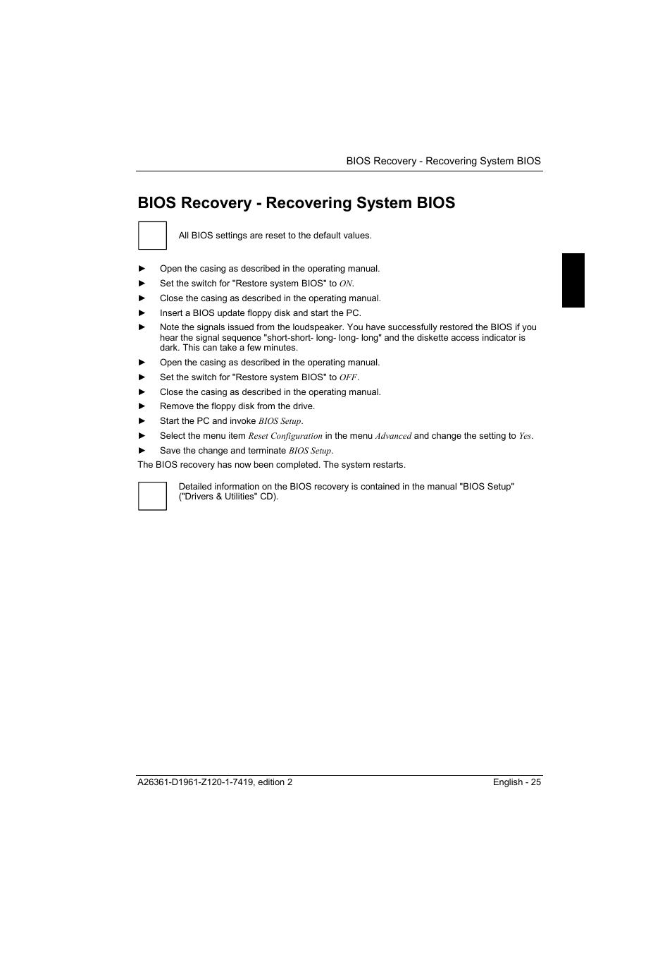Bios recovery - recovering system bios | FUJITSU D1961 User Manual | Page 35 / 45