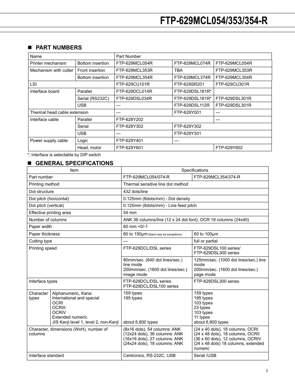 Npart numbers, Ngeneral specifications | FUJITSU FTP-629MCL054 User Manual | Page 2 / 7