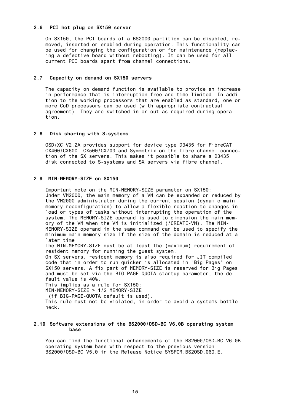 6 pci hot plug on sx150 server, 7 capacity on demand on sx150 servers, 8 disk sharing with s-systems | 9 min-memory-size on sx150 | FUJITSU BS2000 User Manual | Page 16 / 37