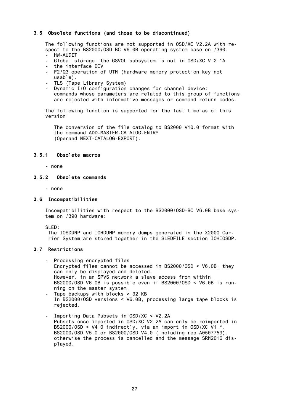 1 obsolete macros, 2 obsolete commands, 6 incompatibilities | 7 restrictions | FUJITSU BS2000 User Manual | Page 28 / 37