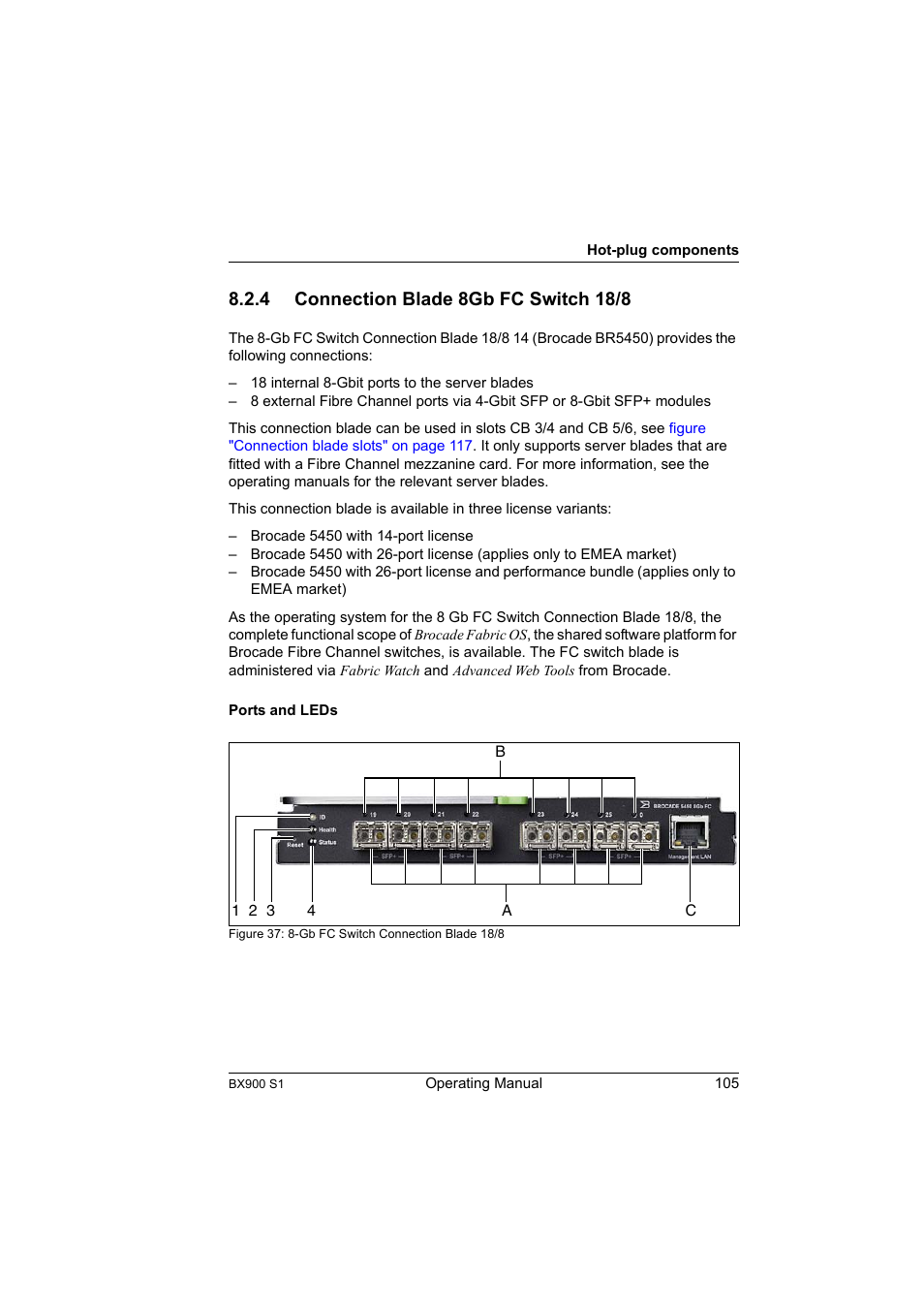 4 connection blade 8gb fc switch 18/8, Connection blade 8gb fc switch 18/8 | FUJITSU BX900 S1 User Manual | Page 105 / 142