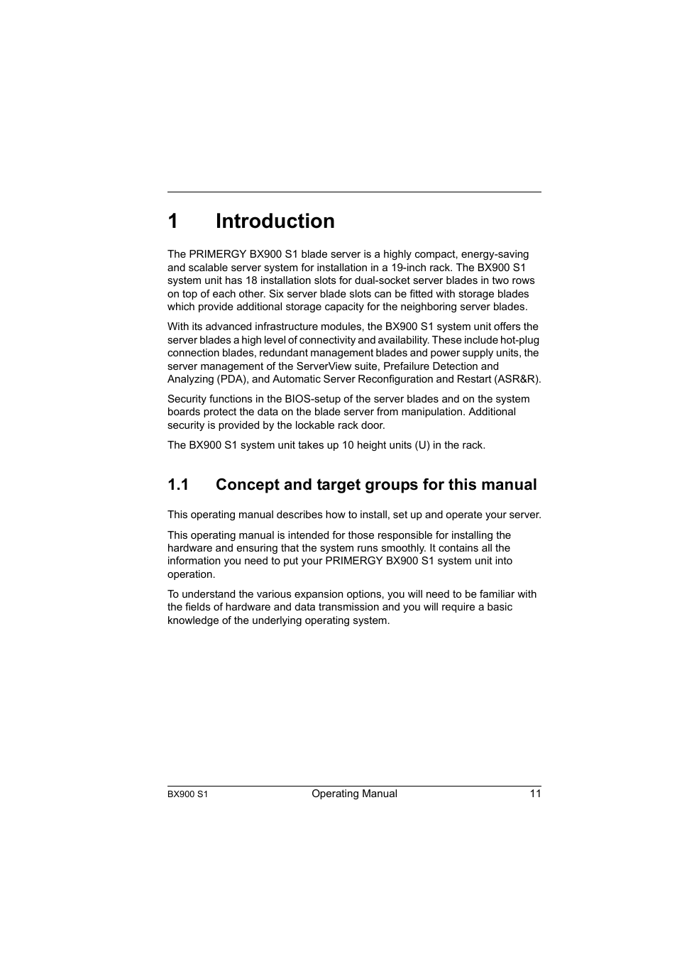 1 introduction, 1 concept and target groups for this manual, Introduction | Concept and target groups for this manual, 1introduction | FUJITSU BX900 S1 User Manual | Page 11 / 142