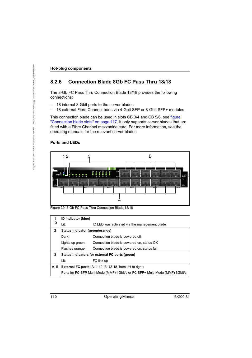 6 connection blade 8gb fc pass thru 18/18, Connection blade 8gb fc pass thru 18/18, 1 2 3 a b | Operating manual, Hot-plug components, Bx900 s1 | FUJITSU BX900 S1 User Manual | Page 110 / 142