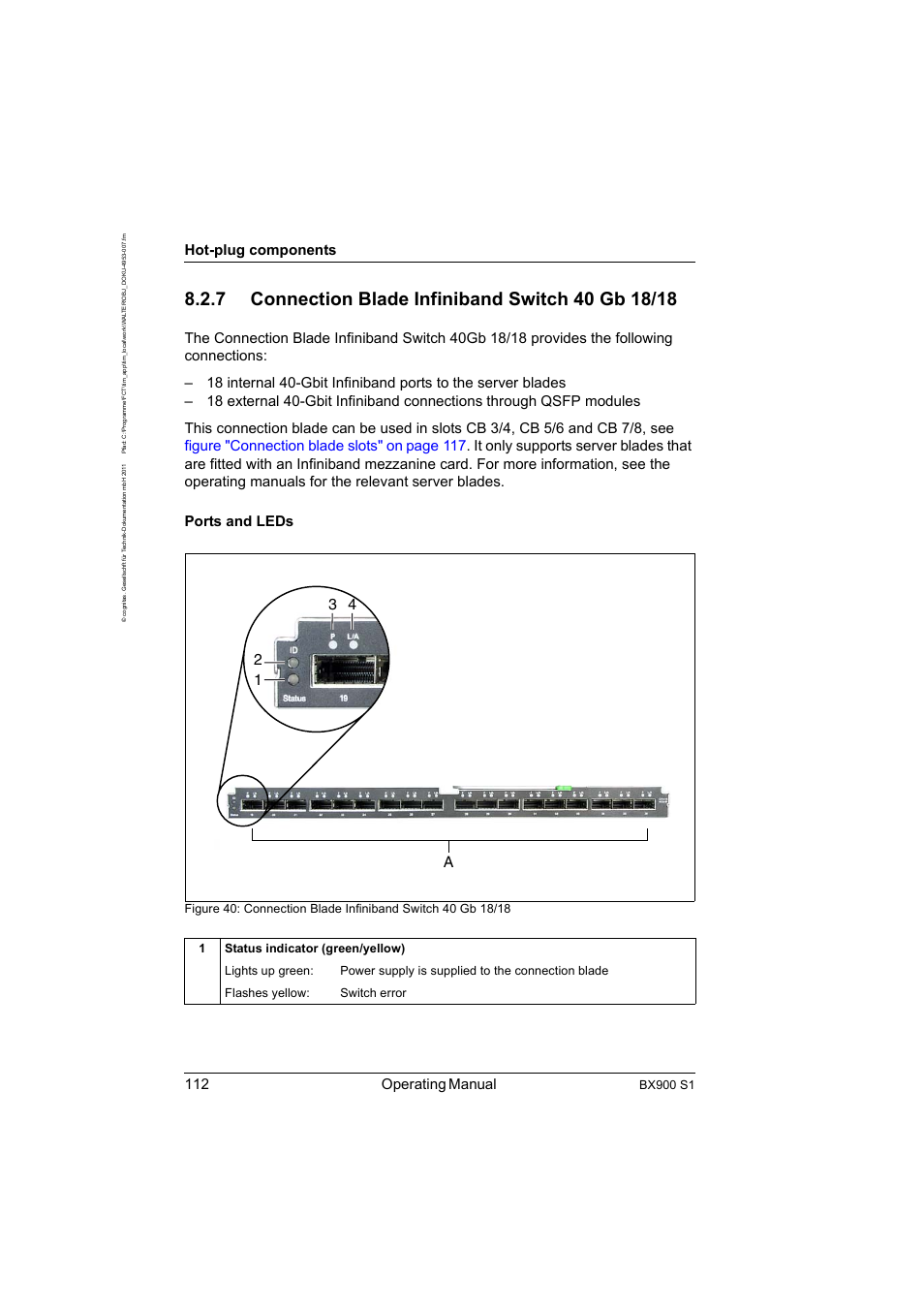 7 connection blade infiniband switch 40 gb 18/18, Connection blade infiniband switch 40 gb 18/18, 112 operating manual | Hot-plug components, 3 4 1 2 a, Bx900 s1 | FUJITSU BX900 S1 User Manual | Page 112 / 142