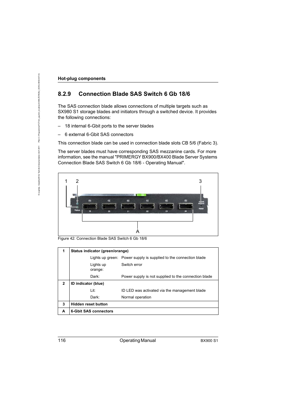 9 connection blade sas switch 6 gb 18/6, Connection blade sas switch 6 gb 18/6, 12 3 a | 116 operating manual, Hot-plug components, Bx900 s1 | FUJITSU BX900 S1 User Manual | Page 116 / 142