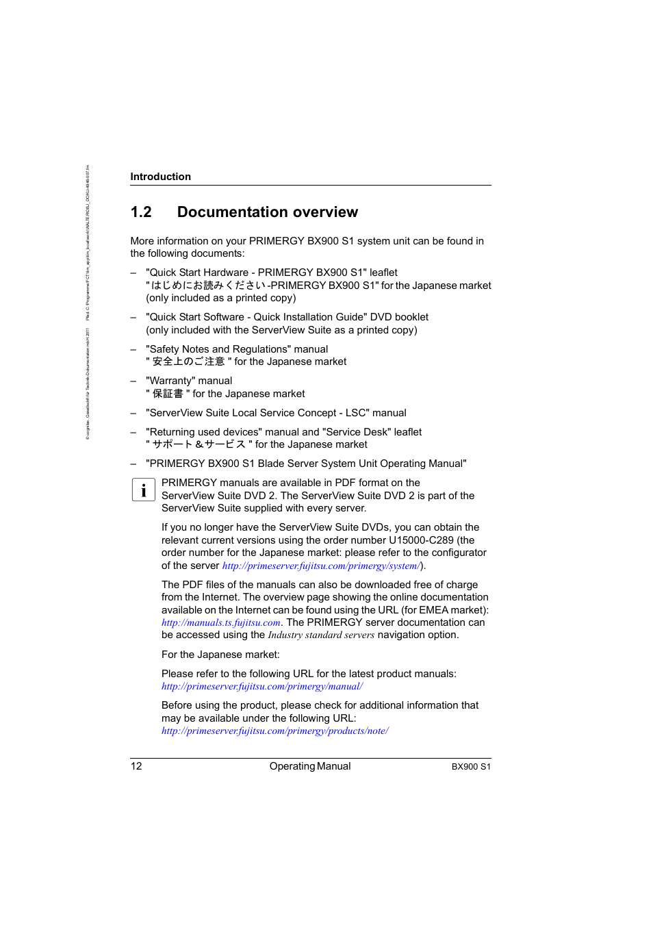 2 documentation overview, Documentation overview, 12 operating manual | Introduction | FUJITSU BX900 S1 User Manual | Page 12 / 142