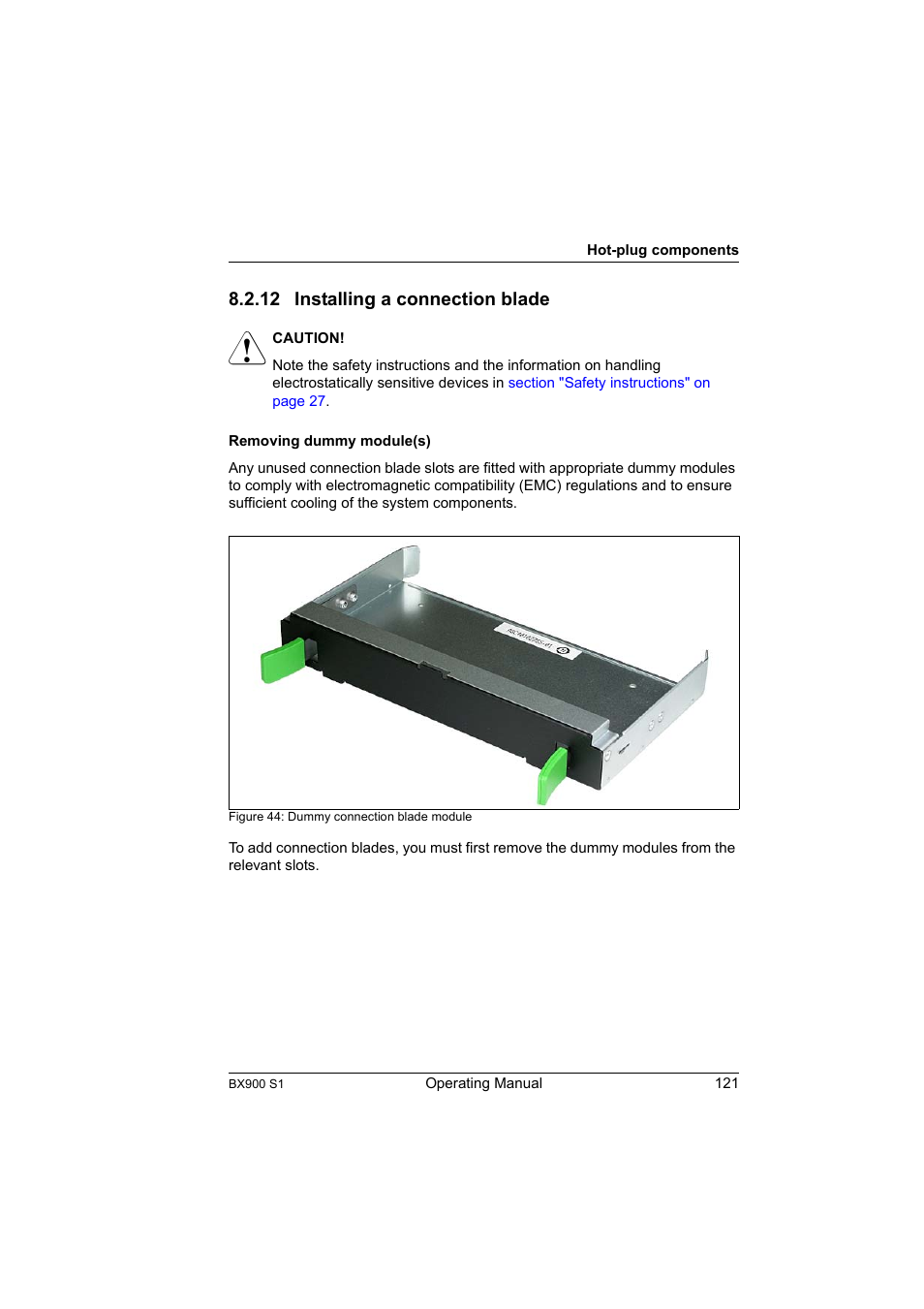 12 installing a connection blade, Installing a connection blade, Section | FUJITSU BX900 S1 User Manual | Page 121 / 142