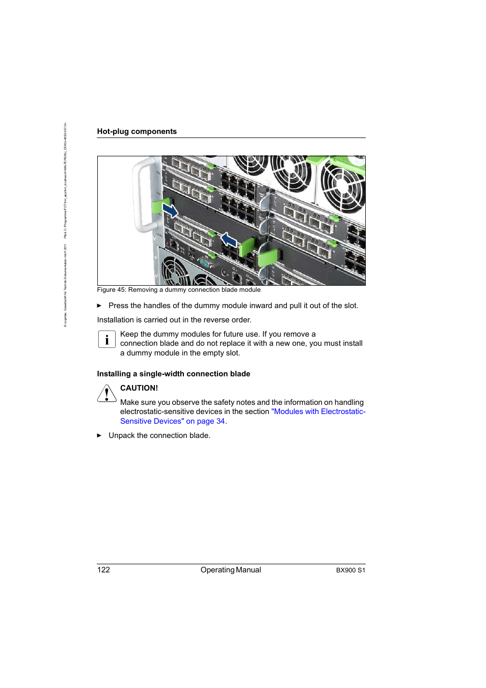 122 operating manual, Hot-plug components, Bx900 s1 | FUJITSU BX900 S1 User Manual | Page 122 / 142
