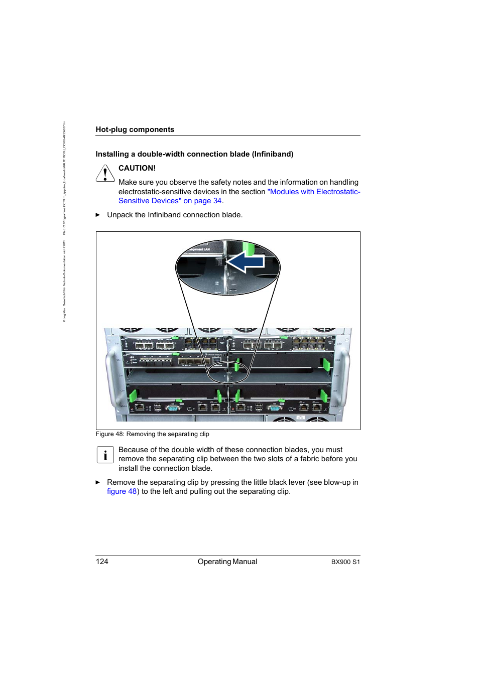 124 operating manual, Hot-plug components, Bx900 s1 | Figure 48: removing the separating clip | FUJITSU BX900 S1 User Manual | Page 124 / 142