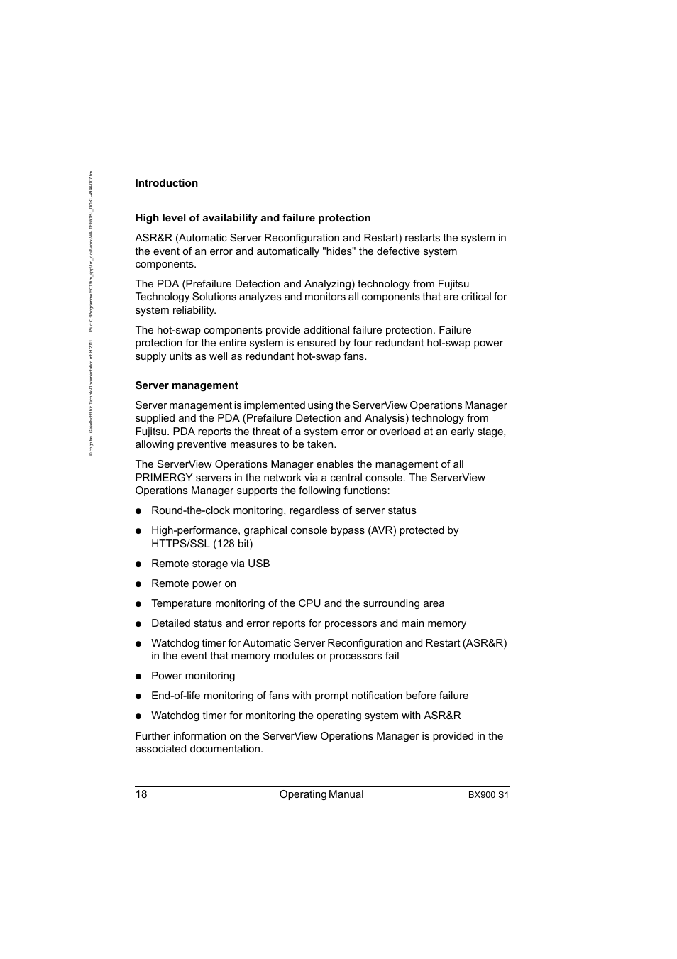 18 operating manual, Introduction, Remote storage via usb | Remote power on, Power monitoring, Bx900 s1 | FUJITSU BX900 S1 User Manual | Page 18 / 142