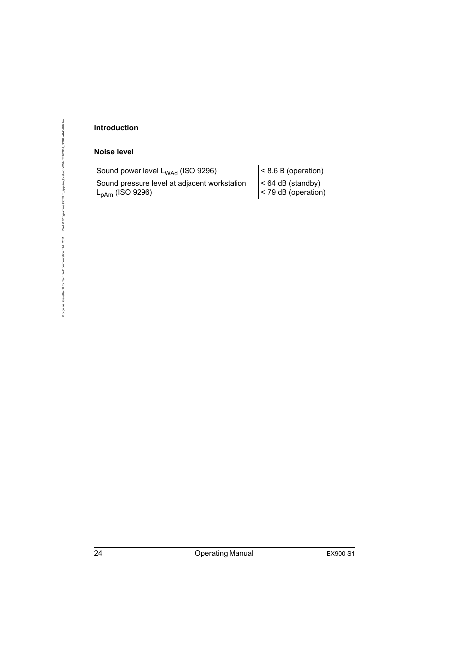 24 operating manual, Introduction, Noise level sound power level l | Bx900 s1 | FUJITSU BX900 S1 User Manual | Page 24 / 142