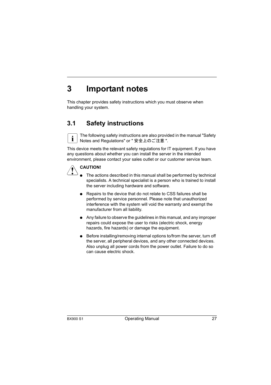 3 important notes, 1 safety instructions, Important notes | Safety instructions, Chapter "important notes, Section "safety instructions | FUJITSU BX900 S1 User Manual | Page 27 / 142