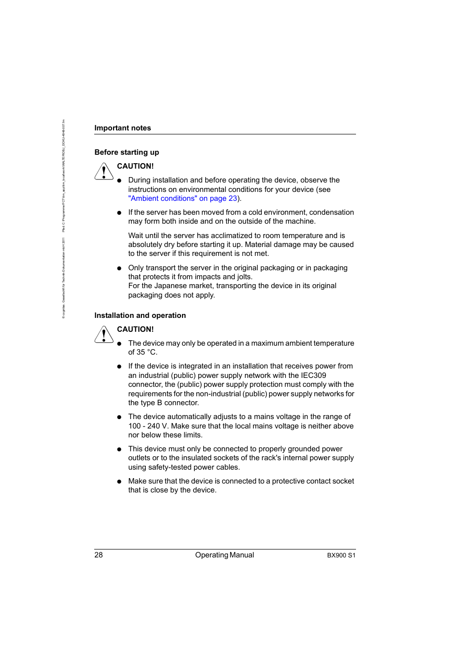 28 operating manual, Before starting up, Caution | Bx900 s1 | FUJITSU BX900 S1 User Manual | Page 28 / 142