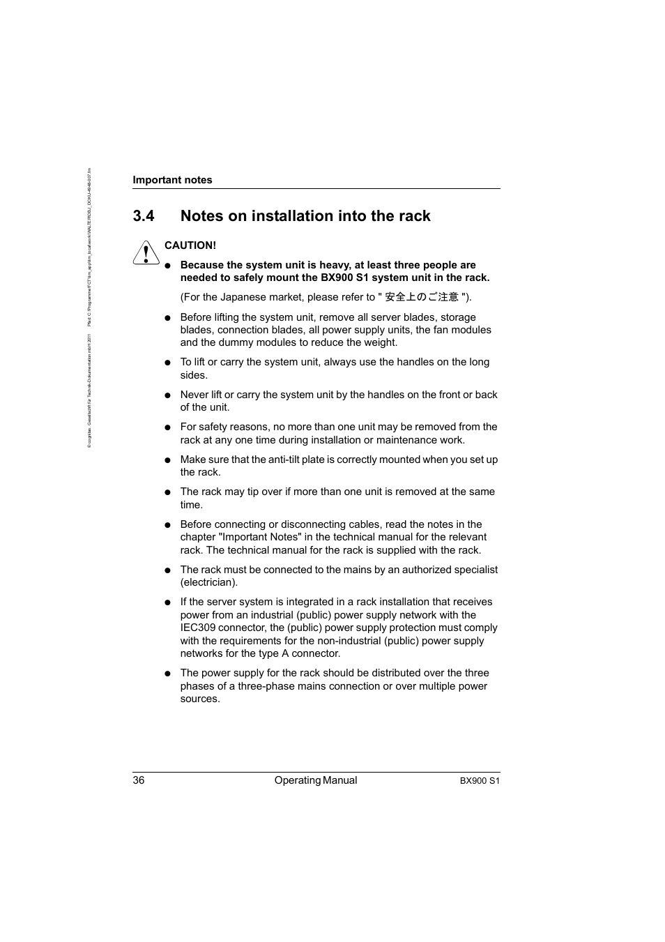 4 notes on installation into the rack, Notes on installation into the rack, 36 operating manual | Caution, Bx900 s1 | FUJITSU BX900 S1 User Manual | Page 36 / 142