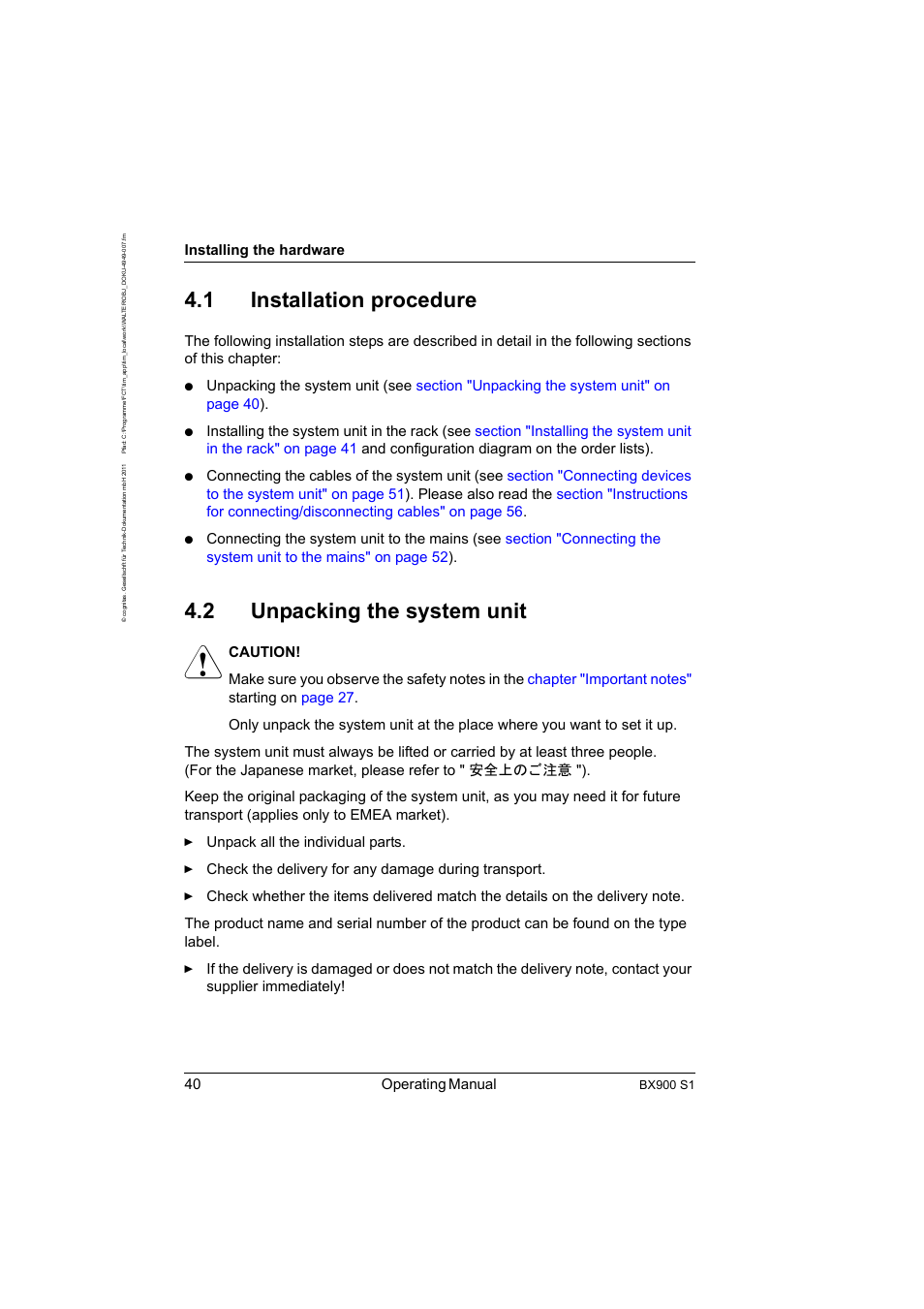 1 installation procedure, 2 unpacking the system unit, Installation procedure | Unpacking the system unit, 40 operating manual, Installing the hardware | FUJITSU BX900 S1 User Manual | Page 40 / 142