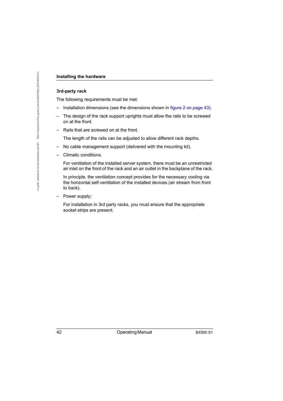 42 operating manual, Installing the hardware, Bx900 s1 | FUJITSU BX900 S1 User Manual | Page 42 / 142