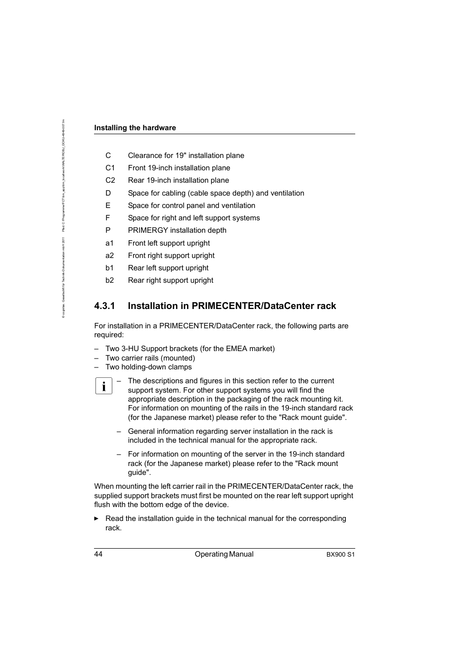 1 installation in primecenter/datacenter rack, Installation in primecenter/datacenter rack, 44 operating manual | Installing the hardware | FUJITSU BX900 S1 User Manual | Page 44 / 142