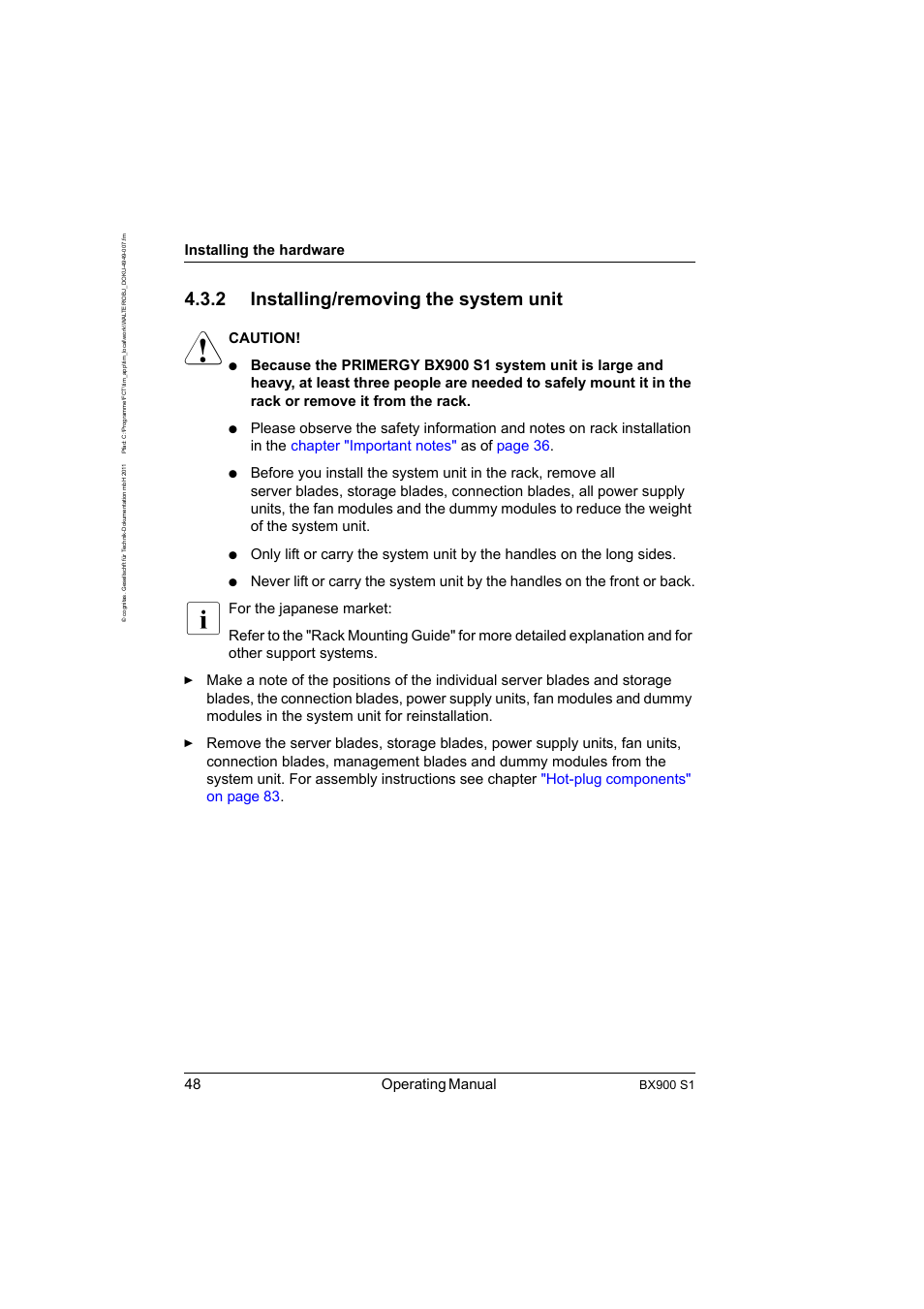 2 installing/removing the system unit, Installing/removing the system unit, 48 operating manual | Installing the hardware, Caution, Bx900 s1 | FUJITSU BX900 S1 User Manual | Page 48 / 142