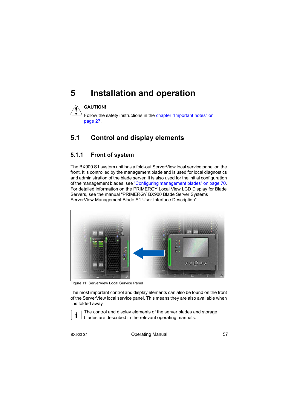 5 installation and operation, 1 control and display elements, 1 front of system | Installation and operation, Control and display elements, Front of system, Hapter, Installation and operation" on, Arting on, 5installation and operation | FUJITSU BX900 S1 User Manual | Page 57 / 142