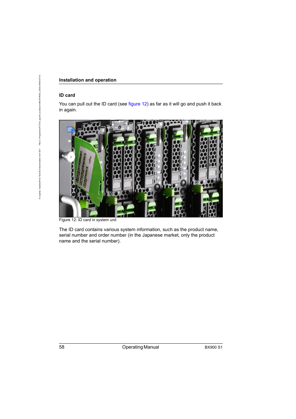 58 operating manual, Installation and operation, Bx900 s1 | Figure 12: id card in system unit | FUJITSU BX900 S1 User Manual | Page 58 / 142