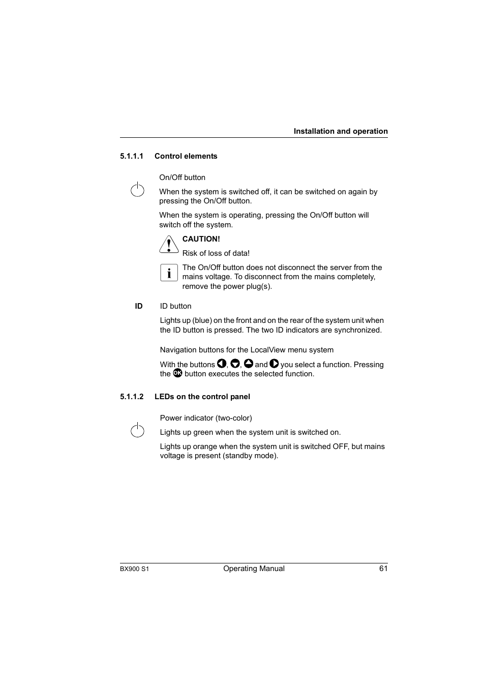 1 control elements, 2 leds on the control panel, Control elements | Leds on the control panel | FUJITSU BX900 S1 User Manual | Page 61 / 142