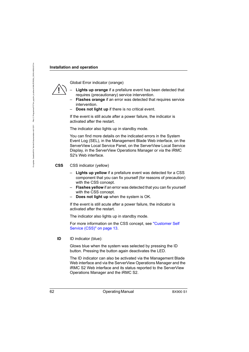 62 operating manual, Installation and operation, Bx900 s1 | FUJITSU BX900 S1 User Manual | Page 62 / 142