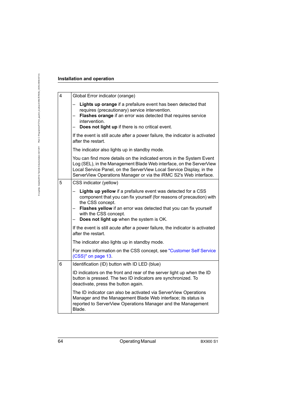 64 operating manual, Installation and operation, Bx900 s1 | FUJITSU BX900 S1 User Manual | Page 64 / 142