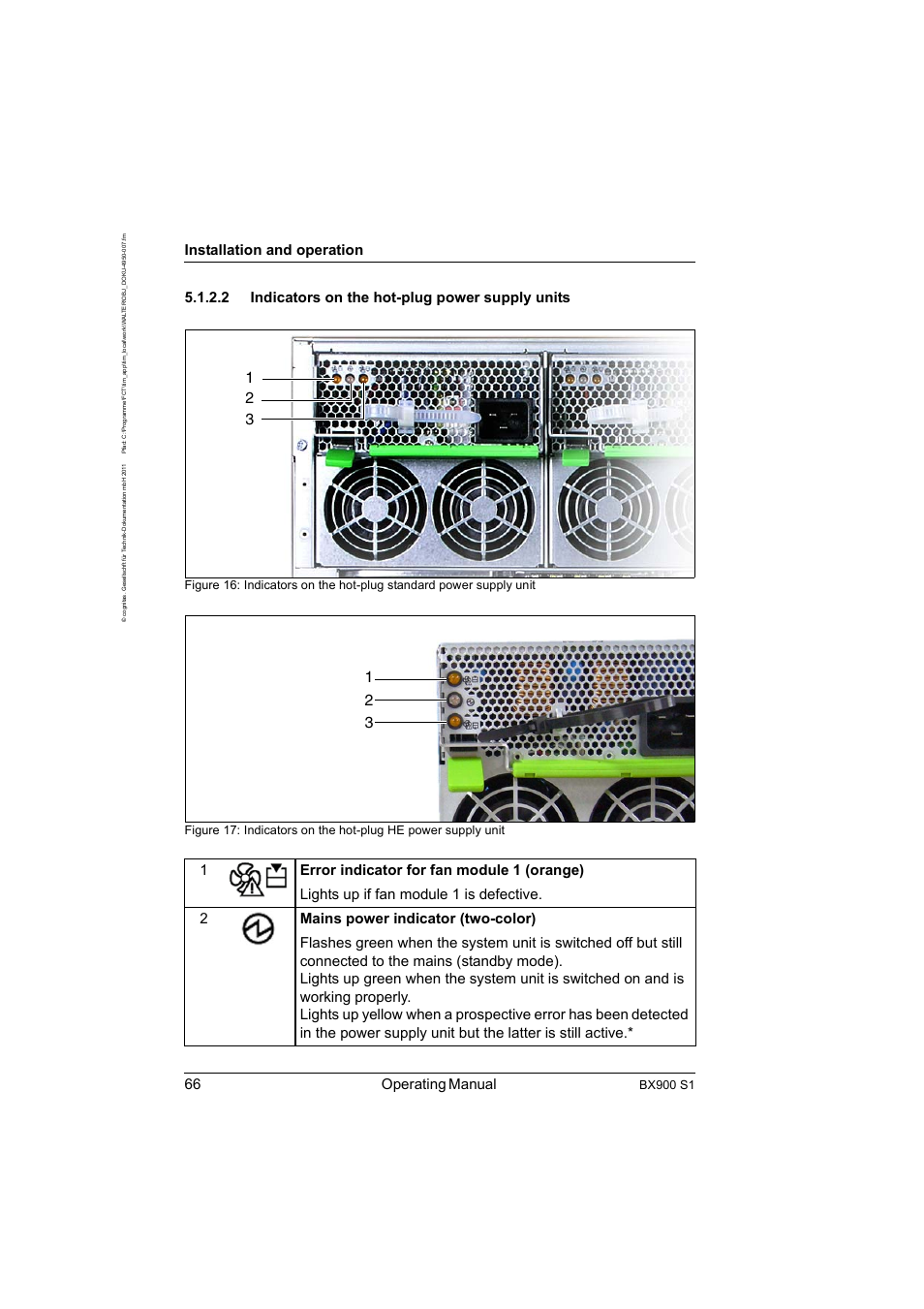 2 indicators on the hot-plug power supply units, Indicators on the hot-plug power supply units, 66 operating manual | Installation and operation, Bx900 s1 | FUJITSU BX900 S1 User Manual | Page 66 / 142