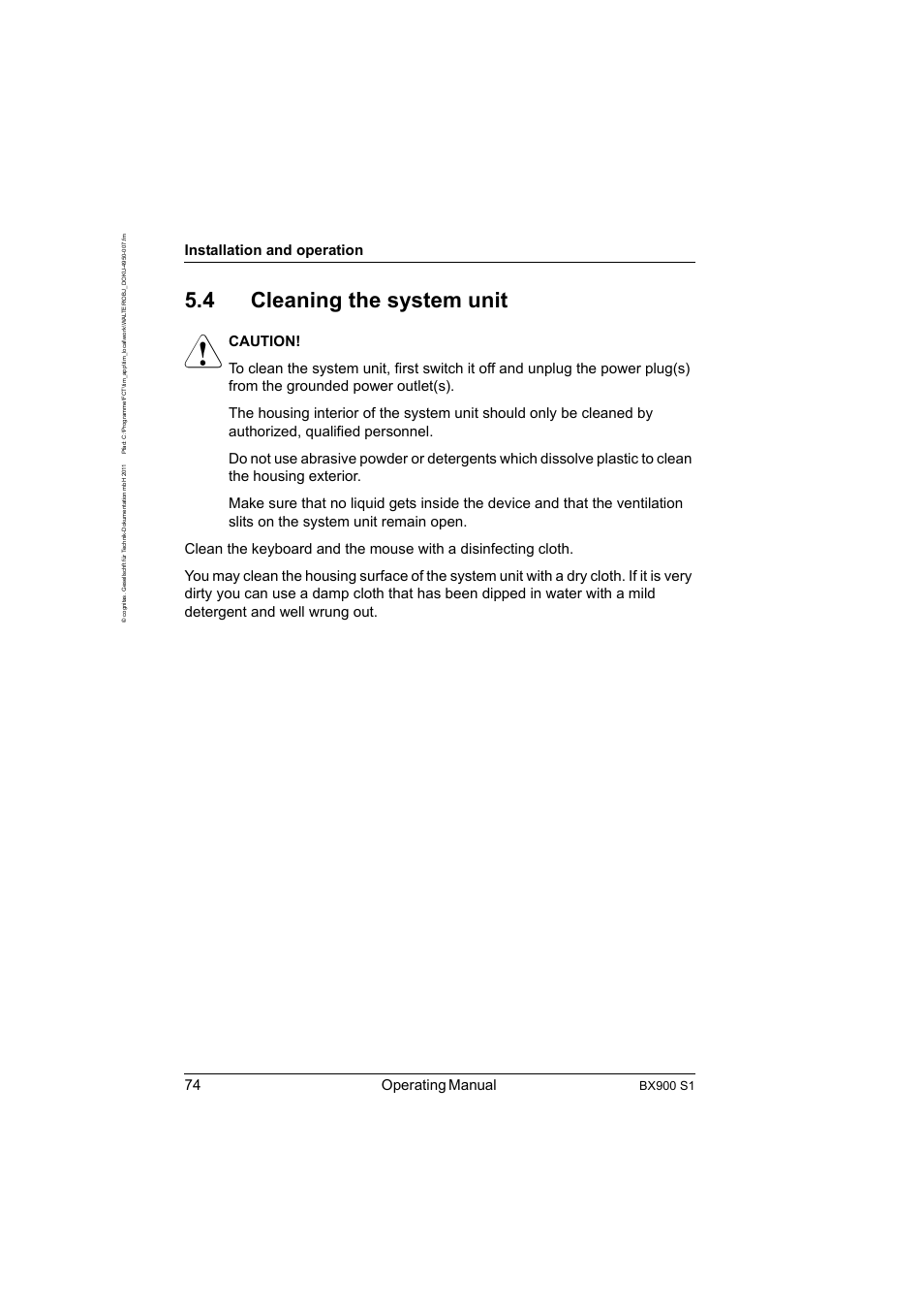 4 cleaning the system unit, Cleaning the system unit, 74 operating manual | Installation and operation, Bx900 s1 | FUJITSU BX900 S1 User Manual | Page 74 / 142