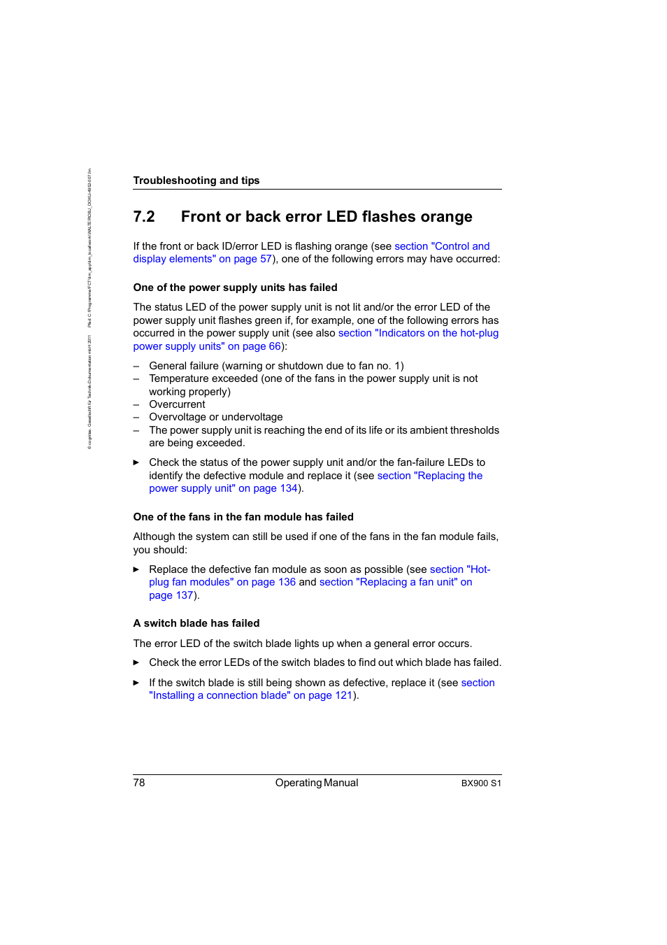 2 front or back error led flashes orange, Front or back error led flashes orange, 78 operating manual | Troubleshooting and tips | FUJITSU BX900 S1 User Manual | Page 78 / 142