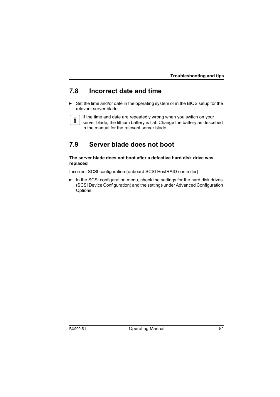 8 incorrect date and time, 9 server blade does not boot, Incorrect date and time | Server blade does not boot | FUJITSU BX900 S1 User Manual | Page 81 / 142