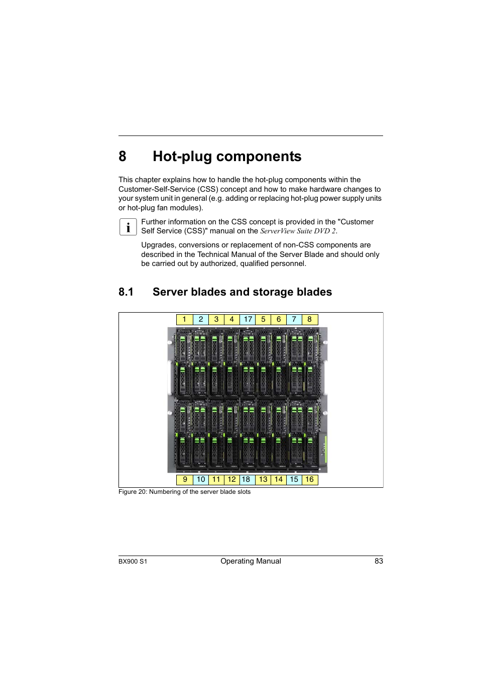 8 hot-plug components, 1 server blades and storage blades, Hot-plug components | Server blades and storage blades, Hapter, Hot-plug, Server blades, 8hot-plug components | FUJITSU BX900 S1 User Manual | Page 83 / 142